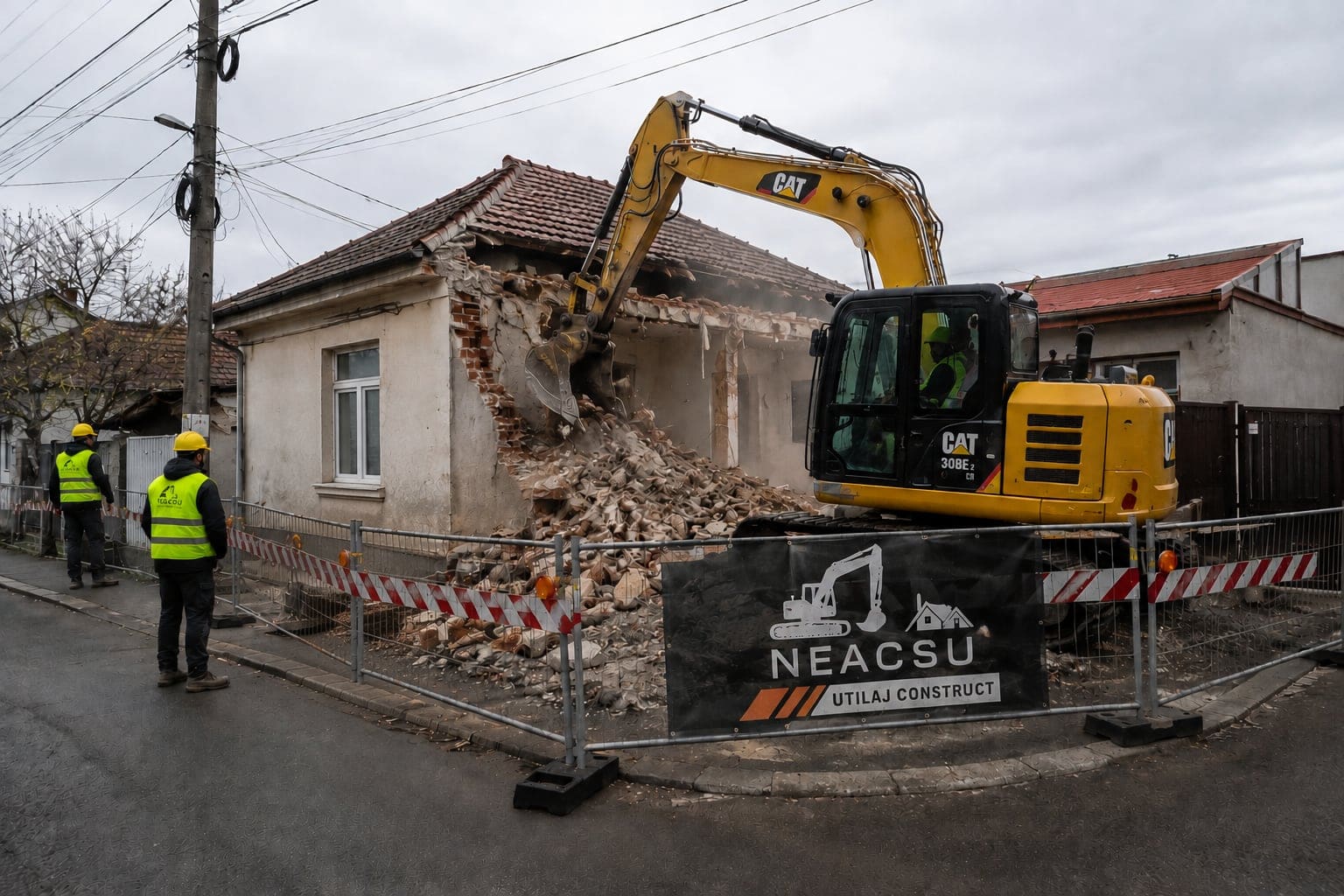 Demolarea unei case cu excavator CAT de către echipa Neacșu Construct în București