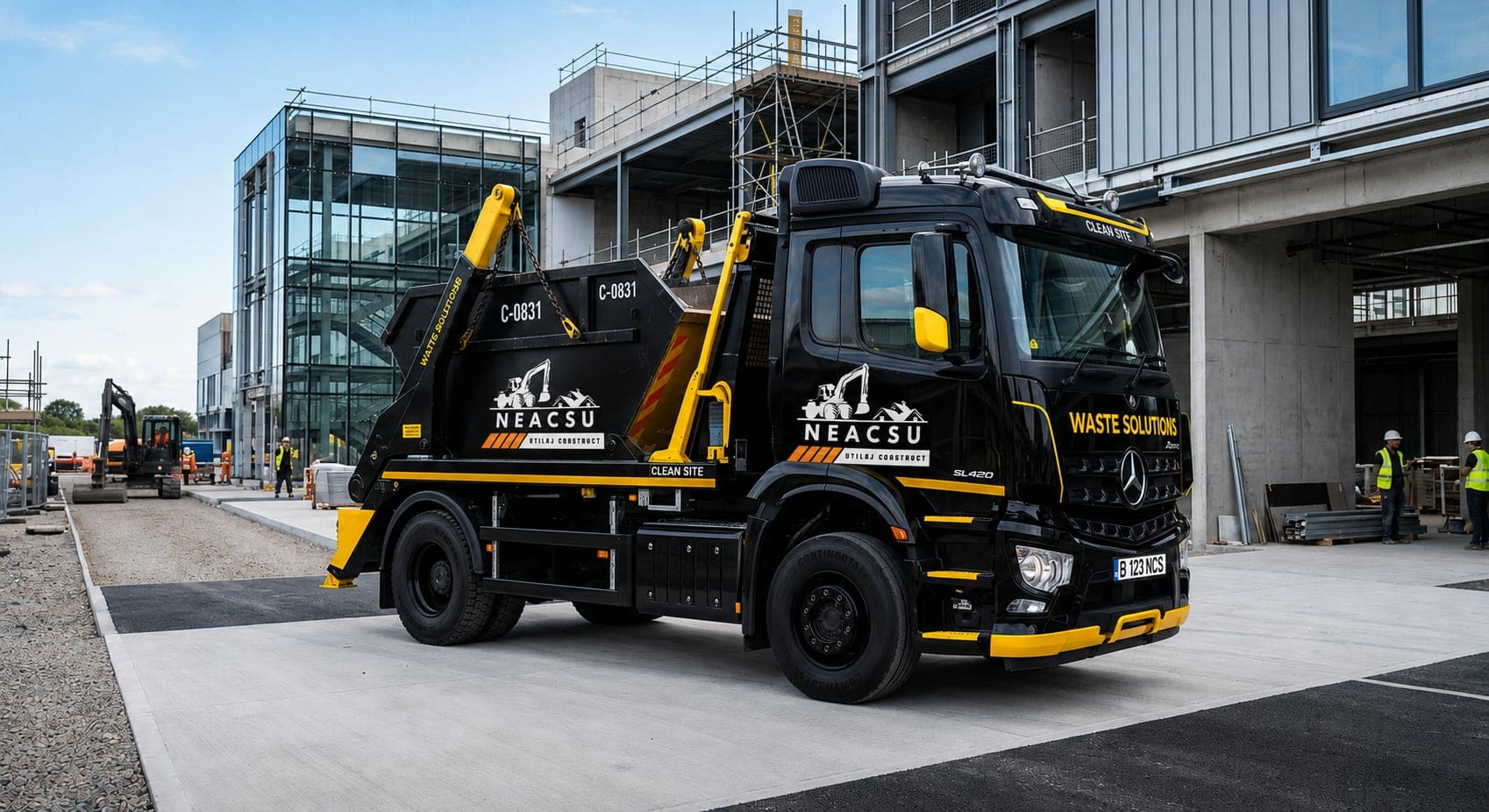 Autospeciala Neacșu Construct ridicând un container moloz pe un șantier din București